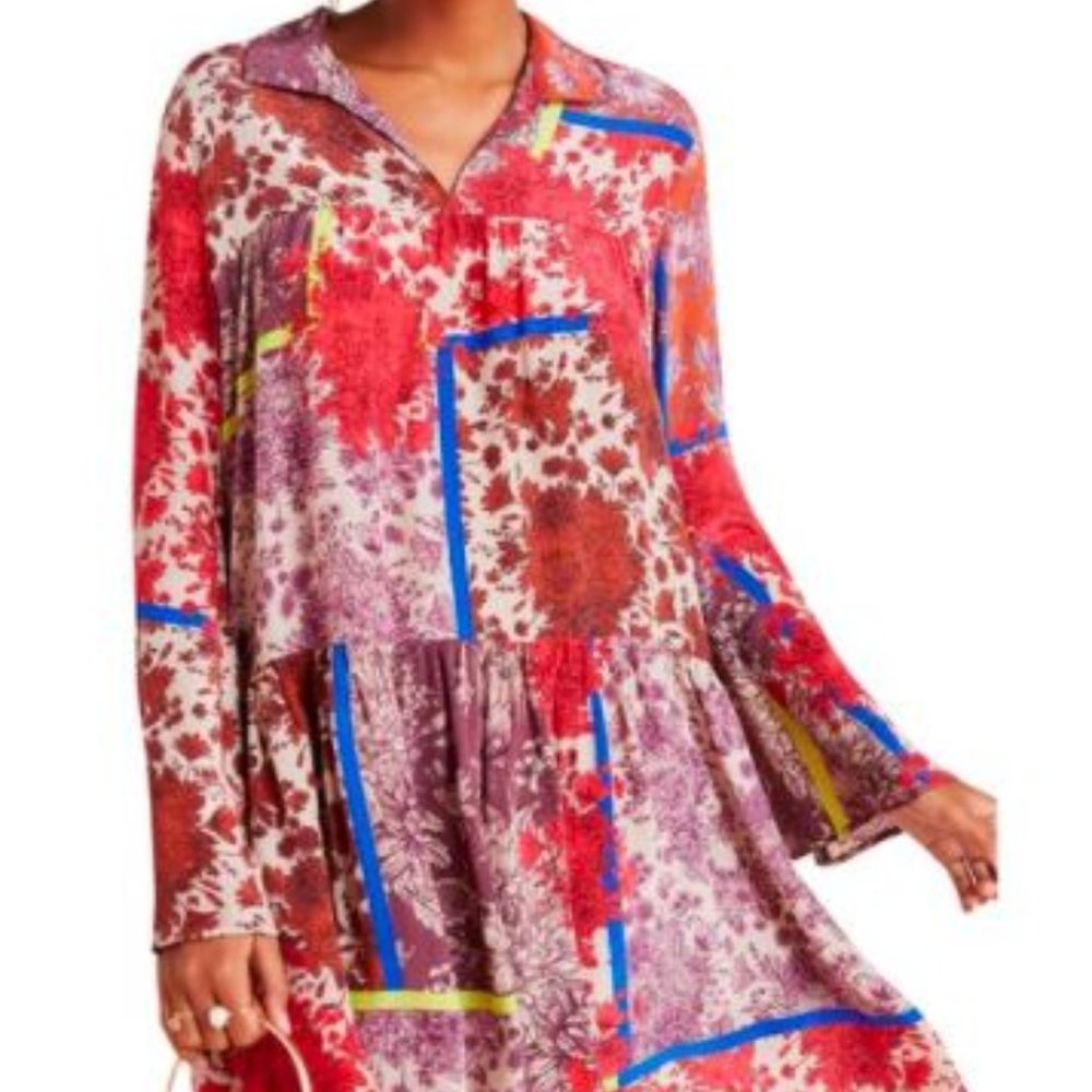 Red New Dhruv Kapoor Arabella Patchwork Tiered Sheer Tunic Short Casual Dress